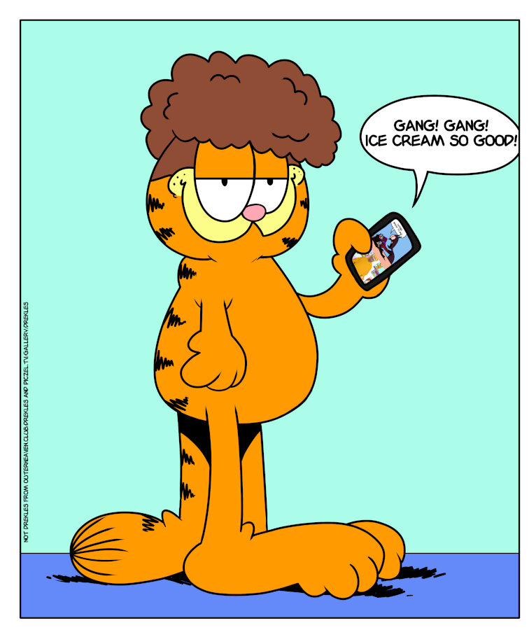 Garfield with the zoomer broccoli haircut holding a phone with stuff open. To be honest, this drawings started to radiate my brain, so i blacked out, when i came back to my senses i was adding the shadow on the floor and exporting the png. I can't recall anything from the process.