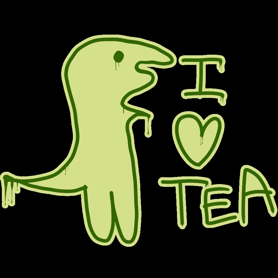 Drawing of a Green Spray Paint dinosaur with text: I ♥ tea. It's for a sticker