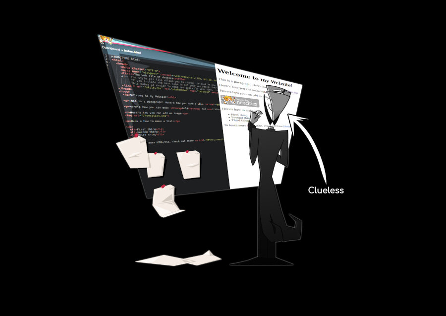 Drekles in front of an empty Neocities page thinking. An arrow is pointing to him saying 'clueless'