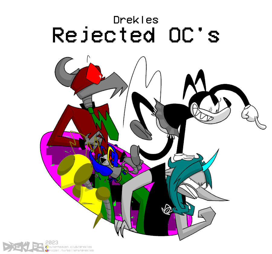 Drawing of 5 characters in the windows 16 color palette. There's some kind of yellow mantis robot, a gray and dark blue dead robot bird, a skeleton with a goat skull and some hat with an eye, a gray 'goth' unicorn and a character drawn in a rubber hose style. They're all coming out of a pink portal. On top there's a text saying 'Drekles Rejected OC's'