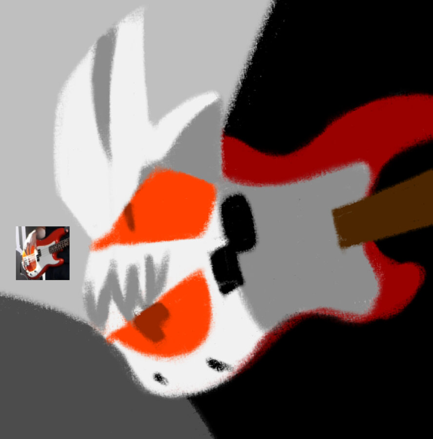 Drawing of some creature with white, gray and red skin, red-orange eyes and mouth. A bit cool and edgy. On the side there's schratze's pfp which is just a regular guitar.