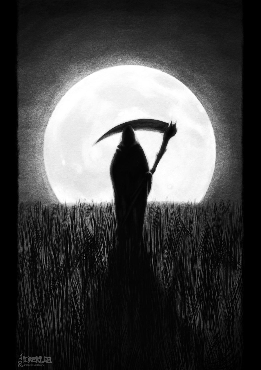 Digital black and white drawing of the grim reaper in a field with the moon behind it.
