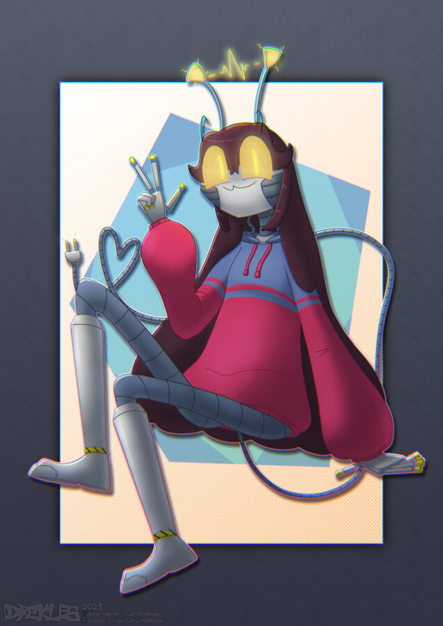 Drawing of a robot girl with long brown hair, yellow eyes, antennas, and a blue and pink sweater
