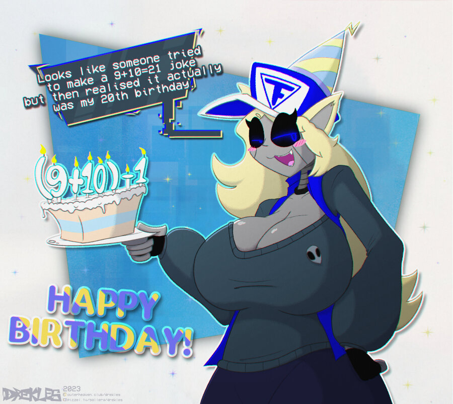 Drawing of a robot girl with blonde hair, cat hears, black and blue eyes, gray skin, and some kind of dark gray blue clothing. She's holding a plate with a piece of cake on it and candles that read '(9+10)-1'. She's saying: 'Looks like someone tried to make a 9+10=21 joke but then realized it was my 20th birthday'. At the bottom left there's an 'Happy Birthday!'' text. Also she has huge boobs.